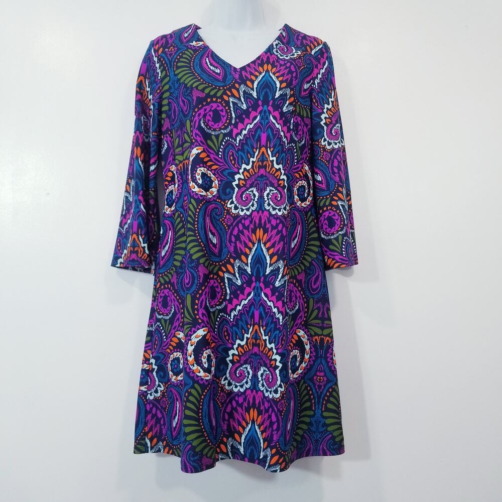 Jude Connally Vibrant Paisley Print Shift Dress 3/4 Bell Sleeves